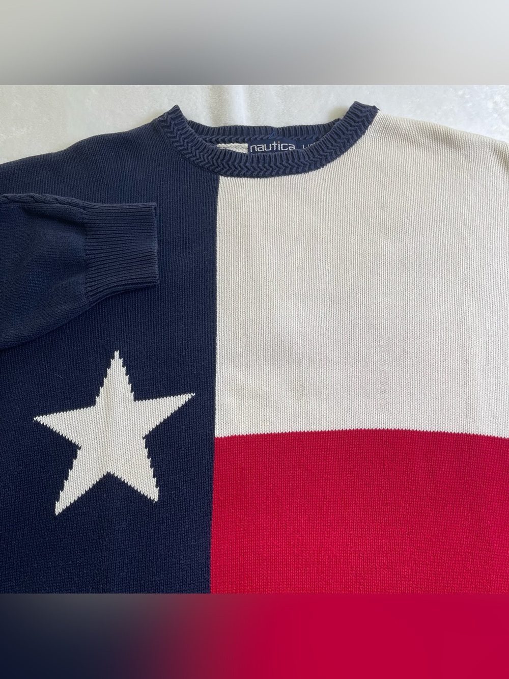 Vintage 90s Nautica Texas Lone Star Flag Knit Sweater 100% Cotton Men’s Large